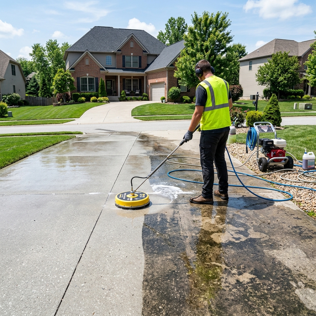 Pressure washing a residential driveway